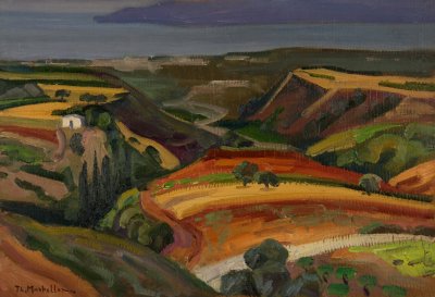 View Toward Kiato (Small Church) — Oil painting, Fiberboard, 38.00×55.00cm — Theodoros Markellos